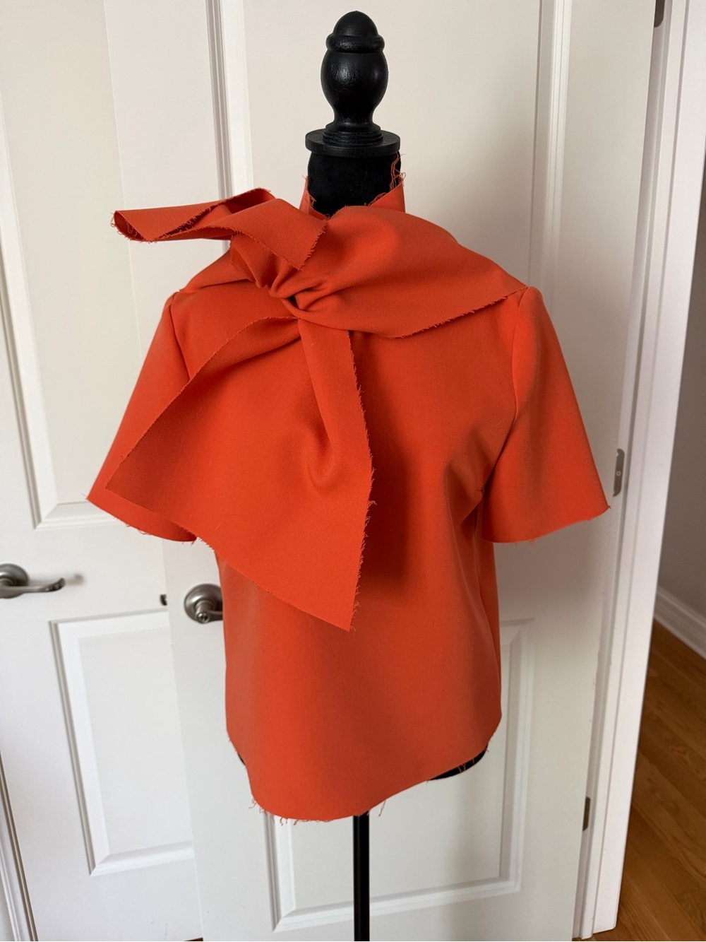 MSGM Vibrant Orange Short-Sleeve Blouse with Statement Neck Tie